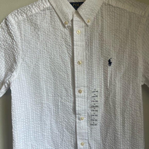 Polo Ralph Lauren Boys Size L 14/16 White Seersucker Shirt Blue Pony Graduation - Picture 2 of 6